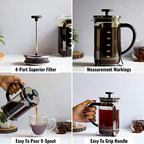 InstaCuppa French Press Coffee Maker 600 ML, 4 Part Superior Filtration System, Heat Resistant Borosilicate Carafe with Measurement Markings (Black) - Image 4