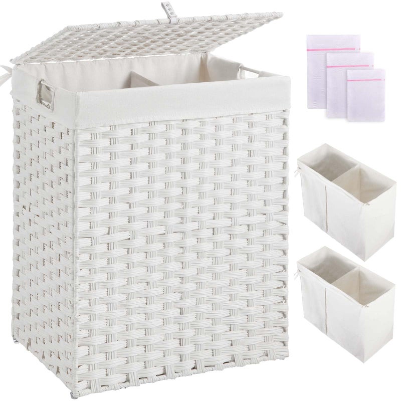 Greenstell Greenstell Laundry Hamper with 2 Removable Liner Bags90L Divided Clothes Hamper Handwoven Synthetic Rattan Foldable Laundry Basket with Lid and Handles White 185 x 133 x 240Inches 