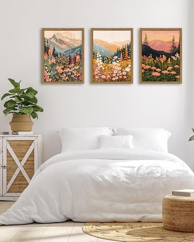 YSGGTR Boho Colorful Landscape wall art Wildflower Mountain Wall Decor Vintage Floral Forest Paintings Rustic Nature Pictures Canvas Prints for Living Room Bedroom Dining Room 16x24 Inch Wood Framed - Image 4