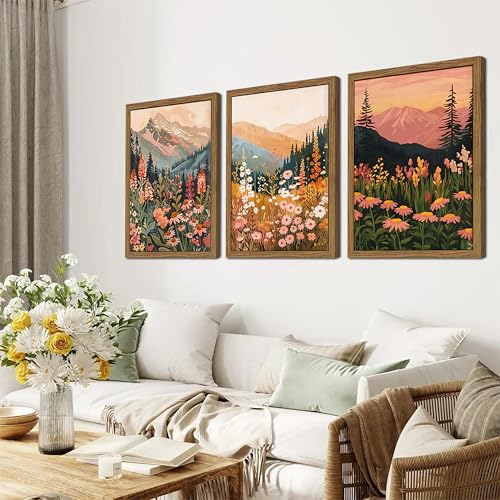YSGGTR Boho Colorful Landscape wall art Wildflower Mountain Wall Decor Vintage Floral Forest Paintings Rustic Nature Pictures Canvas Prints for Living Room Bedroom Dining Room 16x24 Inch Wood Framed - Image 2