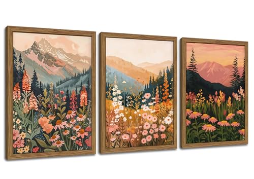 YSGGTR Boho Colorful Landscape wall art Wildflower Mountain Wall Decor Vintage Floral Forest Paintings Rustic Nature Pictures Canvas Prints for Living Room Bedroom Dining Room 16x24 Inch Wood Framed - Image 1