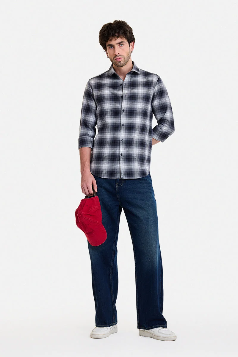 سنيتش Charcoal Grey Checkered Long Sleeve Slim Fit Shirt