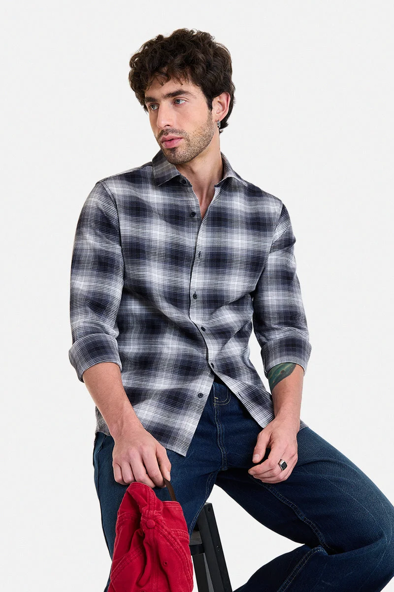 سنيتش Charcoal Grey Checkered Long Sleeve Slim Fit Shirt