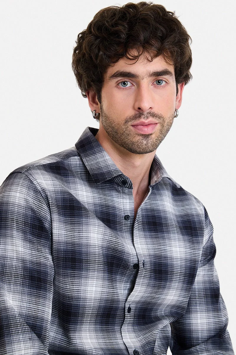 سنيتش Charcoal Grey Checkered Long Sleeve Slim Fit Shirt