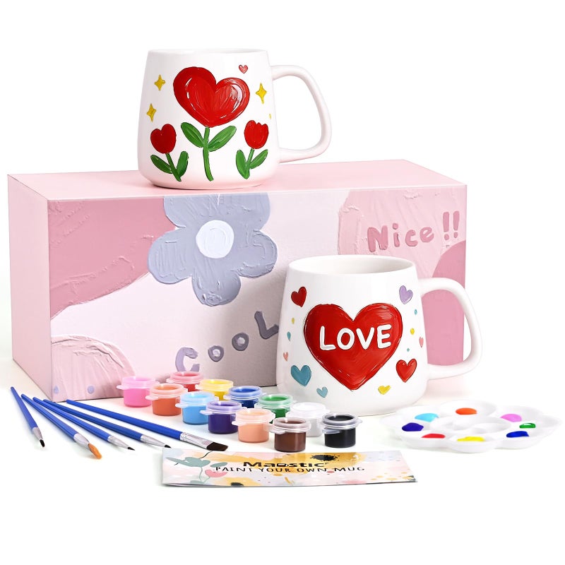 Maustic Mug Painting Kit, Paint Your Own Mug Kit, 2 Pcs Ceramic Mugs to Paint, Mothers Day Fathers Day Valentine's Day DIY Gift Kits, Includes 2 Paintable Mugs 12 Oz, Paints, Brushes - Image 1