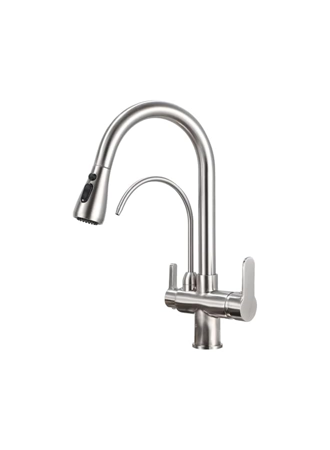 Kitchen Sink Faucet with Pull Down Sprayer 2 Handle 3 in 1 Water Filter Purifier Faucets, Brass Drinking Water Faucet Reverse Osmosis Faucet Br (Brushed nickel arc faucet) - Image 1