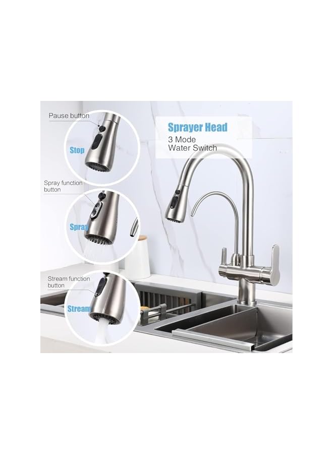 Kitchen Sink Faucet with Pull Down Sprayer 2 Handle 3 in 1 Water Filter Purifier Faucets, Brass Drinking Water Faucet Reverse Osmosis Faucet Br (Brushed nickel arc faucet) - Image 3
