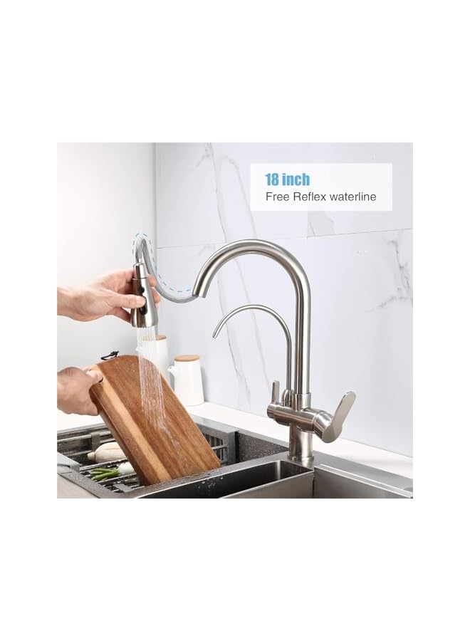 Kitchen Sink Faucet with Pull Down Sprayer 2 Handle 3 in 1 Water Filter Purifier Faucets, Brass Drinking Water Faucet Reverse Osmosis Faucet Br (Brushed nickel arc faucet) - Image 4