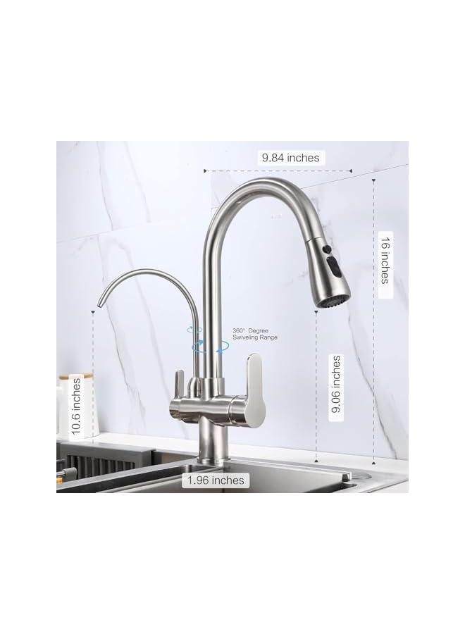 Kitchen Sink Faucet with Pull Down Sprayer 2 Handle 3 in 1 Water Filter Purifier Faucets, Brass Drinking Water Faucet Reverse Osmosis Faucet Br (Brushed nickel arc faucet) - Image 2
