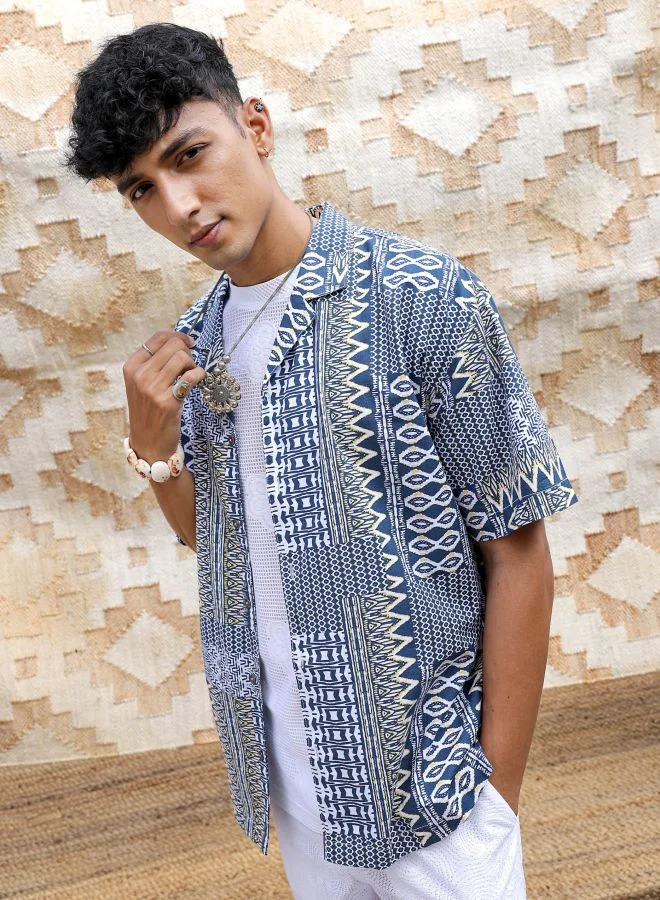 The Indian Garage Co Men Relaxed Fit Indie Printed Half Sleeves Cuban Collar Resort Wear Shirt
