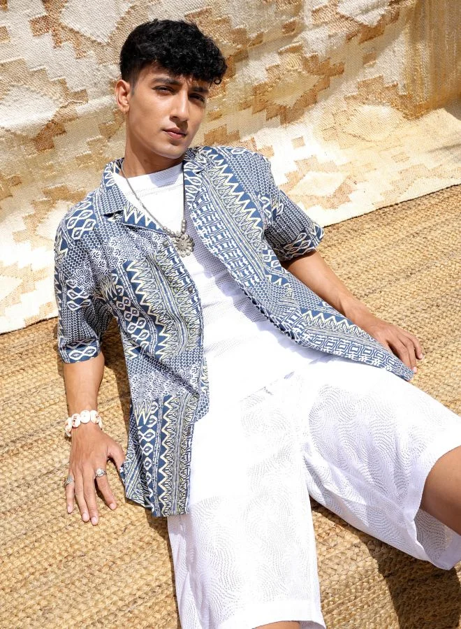 The Indian Garage Co Men Relaxed Fit Indie Printed Half Sleeves Cuban Collar Resort Wear Shirt