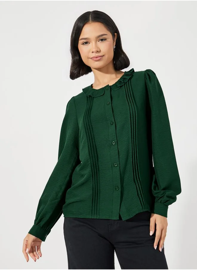 Styli Ruffled Collar Balloon Sleeves Blouse with Pintuck Detail