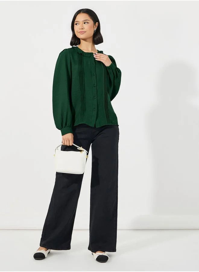 Styli Ruffled Collar Balloon Sleeves Blouse with Pintuck Detail