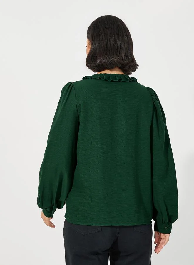 Styli Ruffled Collar Balloon Sleeves Blouse with Pintuck Detail