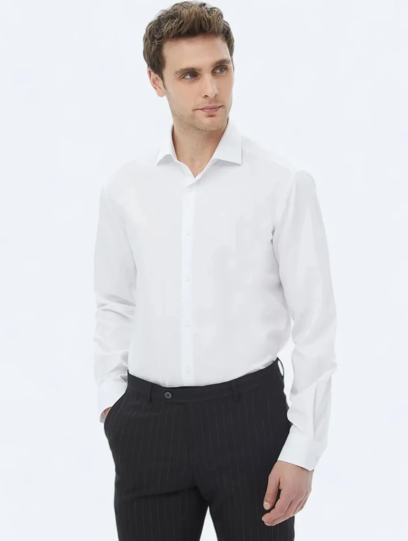 Kip White Plain Weave Classic Cotton Blend Shirt