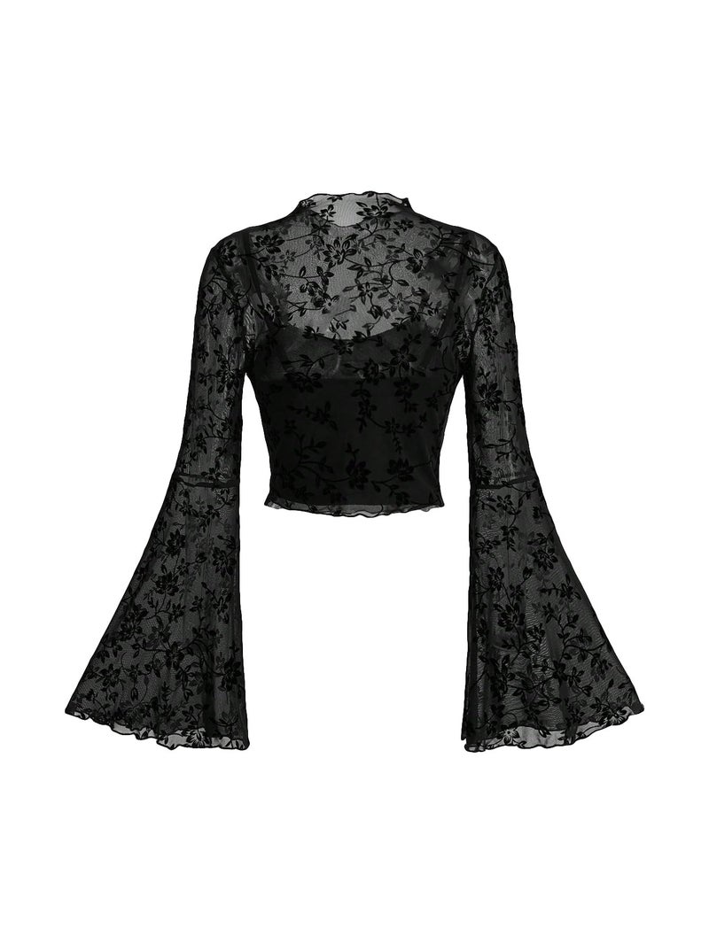 Verdusa Women's Gothic Clothes Y2K Mesh Long Bell Sleeve Crop Tops Country Concert Outfits Boho Tops Black Large - Image 1