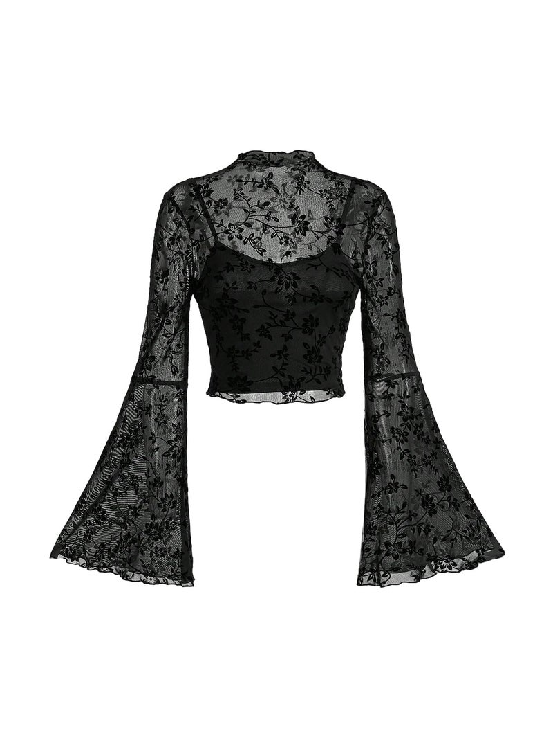 Verdusa Women's Gothic Clothes Y2K Mesh Long Bell Sleeve Crop Tops Country Concert Outfits Boho Tops Black Large - Image 2