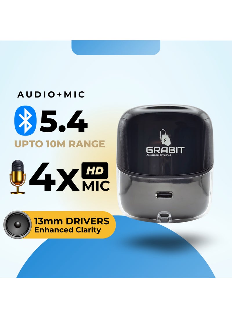 GRABIT - GTUNES-GROOVE  True Wireless Earbuds – Smart Twin Design & Clear Sound. GTUNES-GROOVE True Wireless Earbuds with Bluetooth 5.4 offer In-ear + Semi in-ear design for a perfect fit. The 600mAh battery provides 6-hour playtime per charge, with 4 full recharges. Enjoy Enhanced Transparency Mode, quad-mic clarity, and 13mm drivers for rich sound. Smart touch controls and digital battery display add convenience. Type-C fast charging, compatible with iPhone, Samsung, OnePlus, Xiaomi, Huawei, Google Pixel, iPads, MacBooks, and more. - Image 1