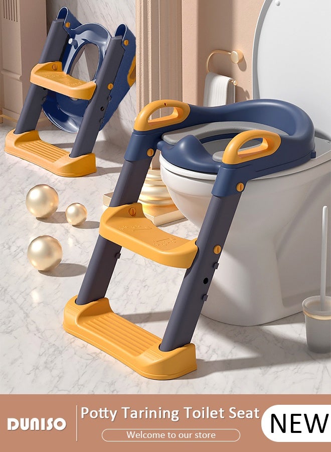 DUNISO Baby Potty Seat With Ladder For Western Toilets Kids Toilet Potty Training Seat For Baby With Handle Cushion Kids Potty Chair Kids Potty Seat For Baby Kids 2 To 5 Years Boys Girls Yellow - Image 1