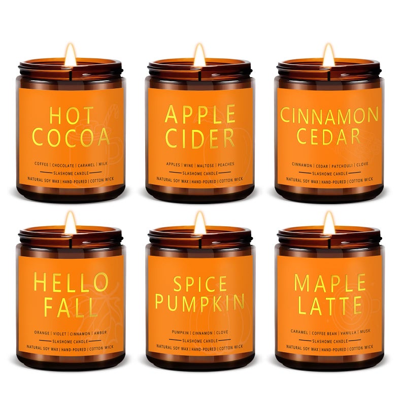 slashome Fall & Christmas Candles, Soy Candles Set - 7Oz * 6 Pack, Holiday/Birthday/Christmas Gifts for Women & Men, Autumn Scents of Hello Fall/Spice Pumpkin/Apple Cider/Hot CocoaCinnamon & Cedar/Maple Latte - Image 1