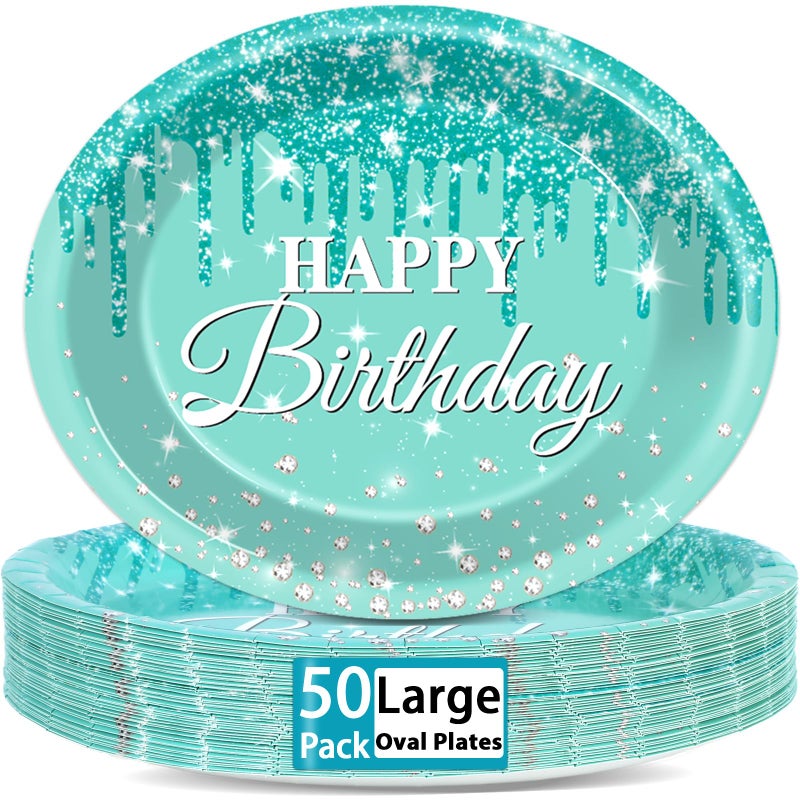 Lonfliness 50Pcs Teal and Silver Birthday Oval Paper Plates 11Inch Large Blue Glitter Diamonds Platters Happy Birthday Party Decors Heavy Duty Dish Tray for Girls Women Birthday Gathering Tableware Set Supplies - Image 1