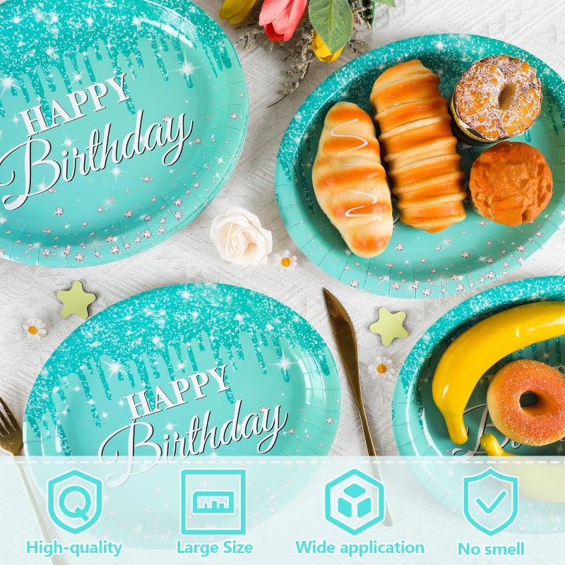 Lonfliness 50Pcs Teal and Silver Birthday Oval Paper Plates 11Inch Large Blue Glitter Diamonds Platters Happy Birthday Party Decors Heavy Duty Dish Tray for Girls Women Birthday Gathering Tableware Set Supplies - Image 3