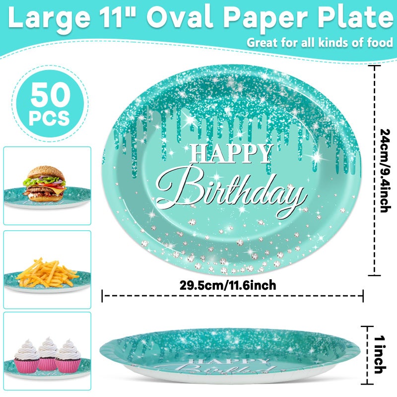 Lonfliness 50Pcs Teal and Silver Birthday Oval Paper Plates 11Inch Large Blue Glitter Diamonds Platters Happy Birthday Party Decors Heavy Duty Dish Tray for Girls Women Birthday Gathering Tableware Set Supplies - Image 2