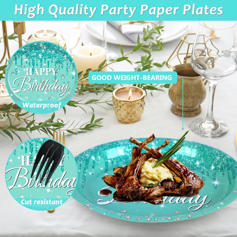 Lonfliness 50Pcs Teal and Silver Birthday Oval Paper Plates 11Inch Large Blue Glitter Diamonds Platters Happy Birthday Party Decors Heavy Duty Dish Tray for Girls Women Birthday Gathering Tableware Set Supplies - Image 4
