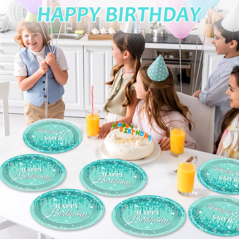 Lonfliness 50Pcs Teal and Silver Birthday Oval Paper Plates 11Inch Large Blue Glitter Diamonds Platters Happy Birthday Party Decors Heavy Duty Dish Tray for Girls Women Birthday Gathering Tableware Set Supplies - Image 5