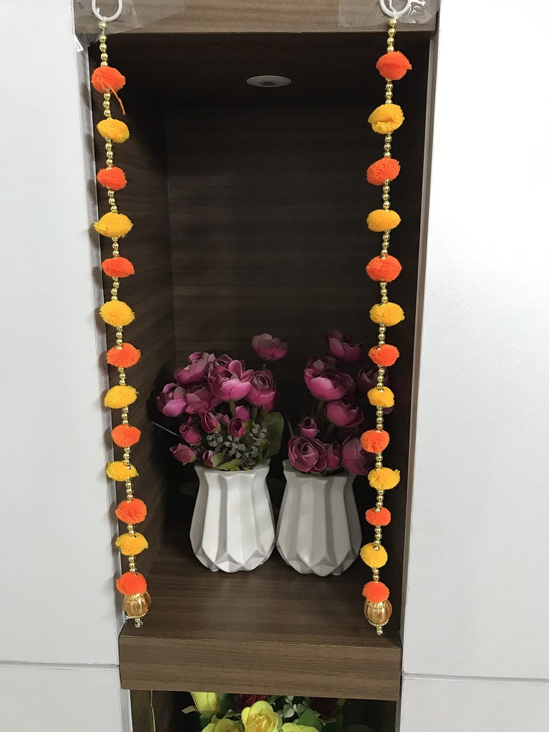 Aahum Handmade Wall Door Yellow & Orange Color Pom PomStringT oran Golden Beads Hanging Torans Garland Bandhwar Decoration Item for Home Décor Diwali Festival,Navratri,Wedding(3FT 2Strings) - Image 3
