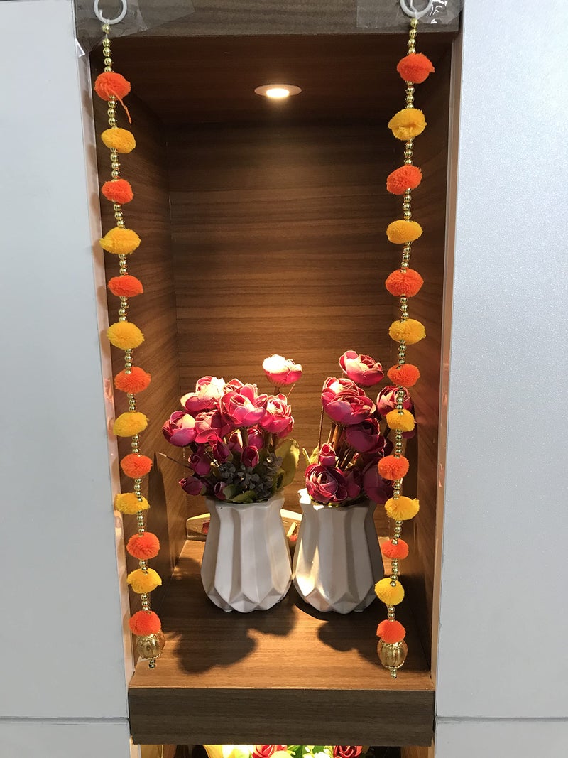 Aahum Handmade Wall Door Yellow & Orange Color Pom PomStringT oran Golden Beads Hanging Torans Garland Bandhwar Decoration Item for Home Décor Diwali Festival,Navratri,Wedding(3FT 2Strings) - Image 2