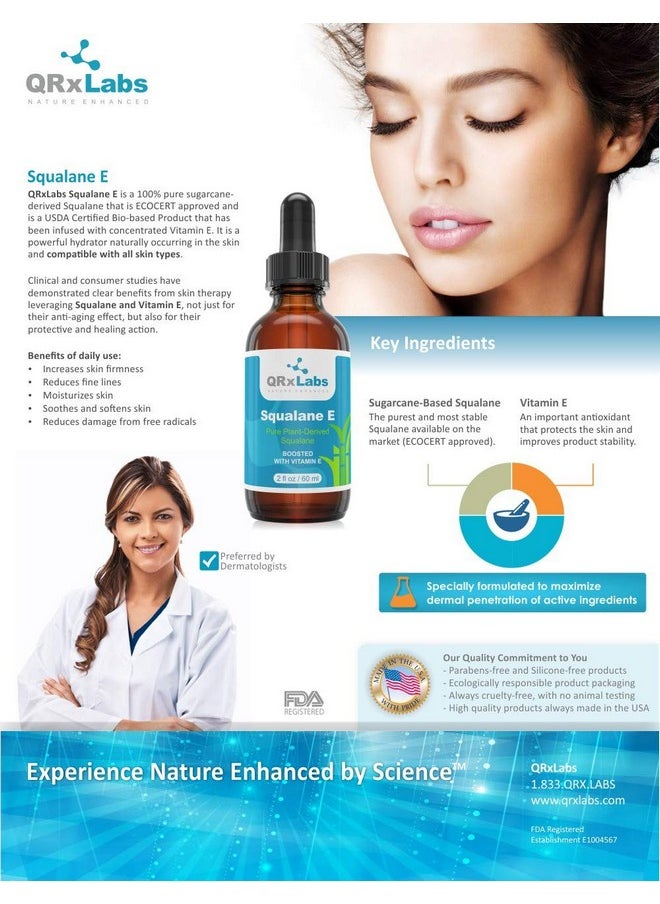 QRxLabs - QRxLabs Pure Plant-Based Squalane Oil with Vitamin E (2 oz) - Organic ECOCERT/USDA Certified Squalane from Sugarcane - Moisturizer for Face, Body, Skin & Hair - Image 1