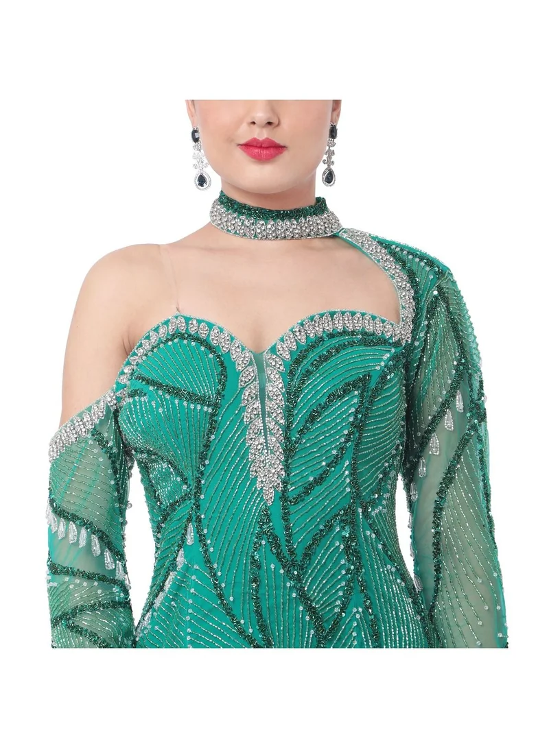 HANA & SARA STYLISH NECKLINE WITH HAND BEADED POLYESTER LONG EVENING PROM PARTY DRESSES
