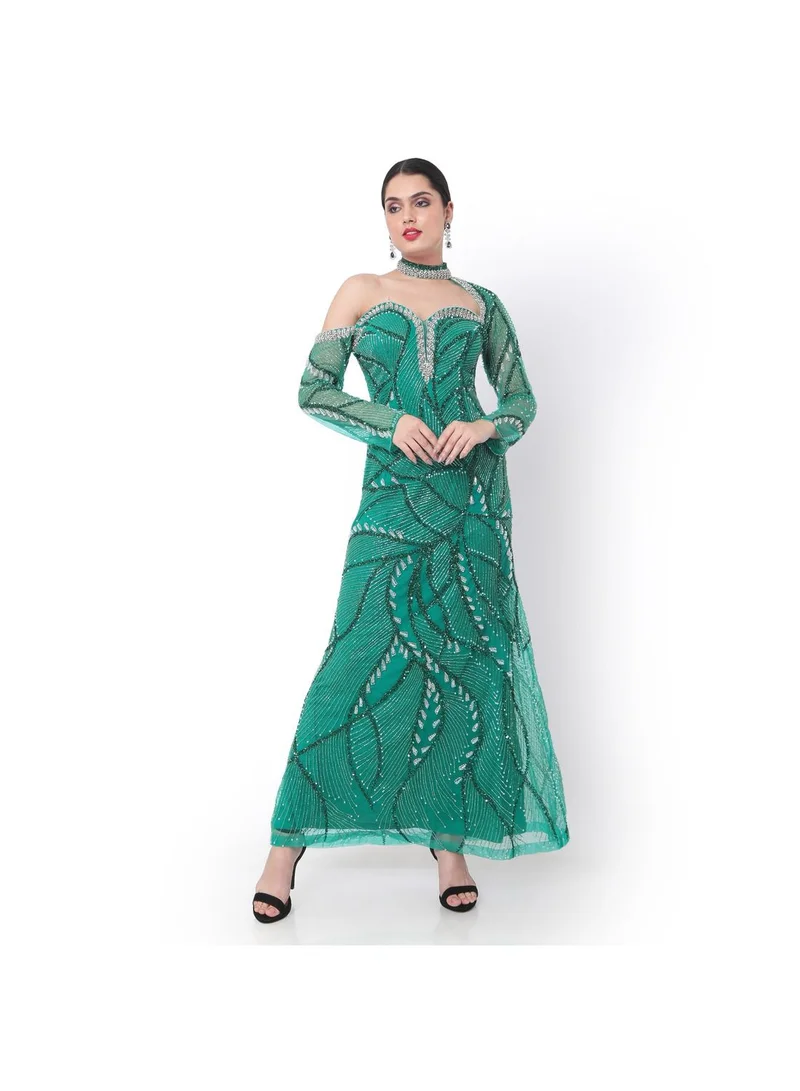 HANA & SARA STYLISH NECKLINE WITH HAND BEADED POLYESTER LONG EVENING PROM PARTY DRESSES