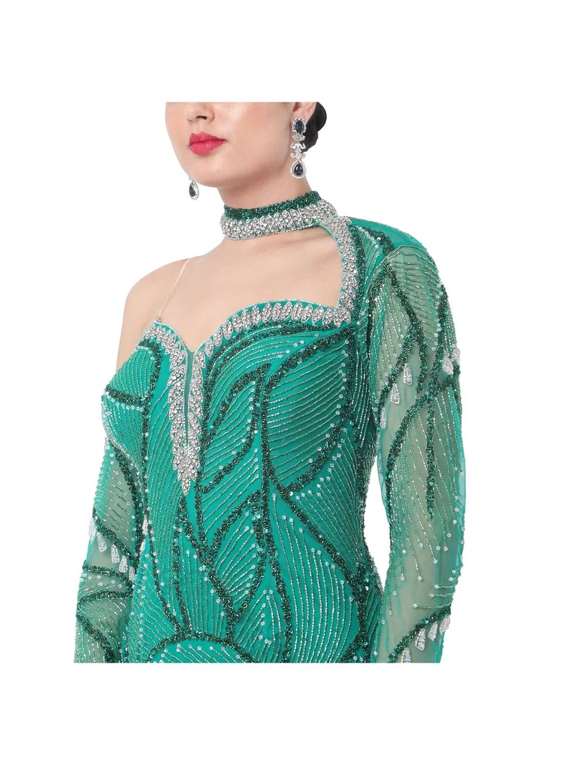 HANA & SARA STYLISH NECKLINE WITH HAND BEADED POLYESTER LONG EVENING PROM PARTY DRESSES