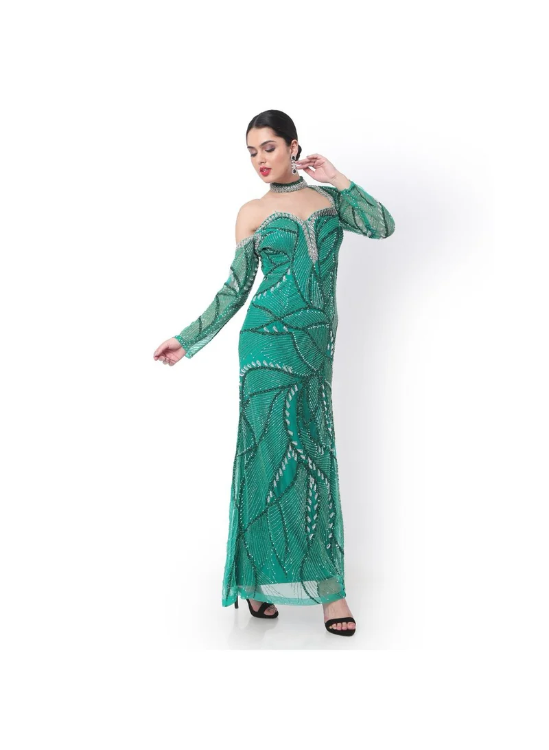 HANA & SARA STYLISH NECKLINE WITH HAND BEADED POLYESTER LONG EVENING PROM PARTY DRESSES