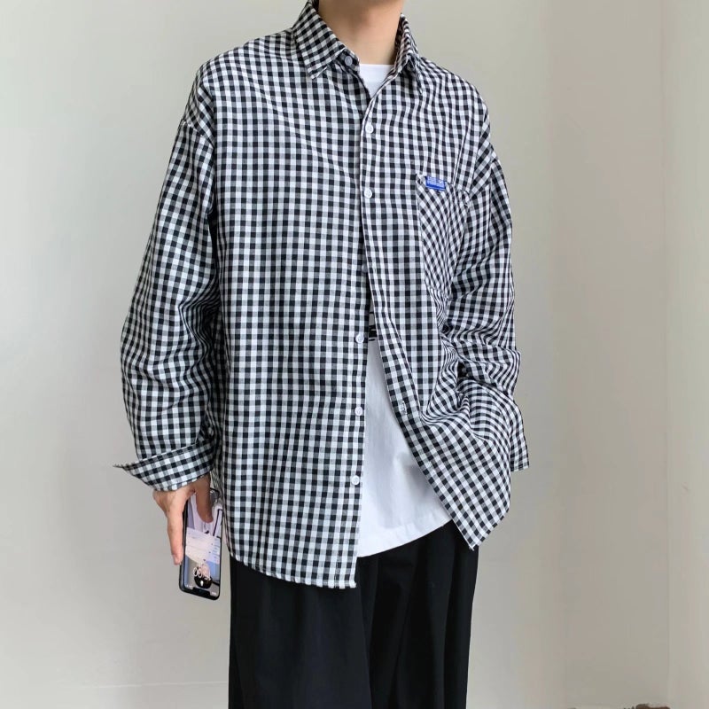 Workwear Plaid Shirt 2023 New Mens Long-sleeved Pocket Fashionable Sunscreen Loose Street Youth Jacket Black