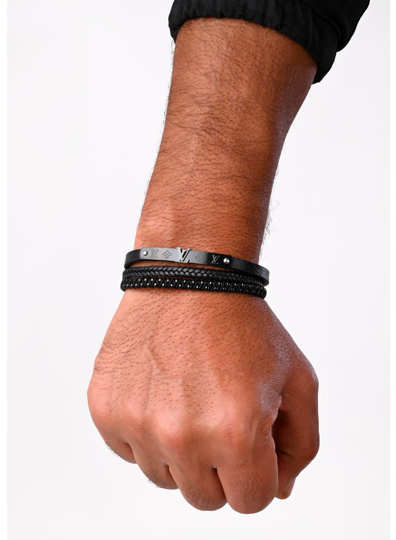 Akhet Men's bracelet made of natural leather and original tungsten in elegant black - Image 1