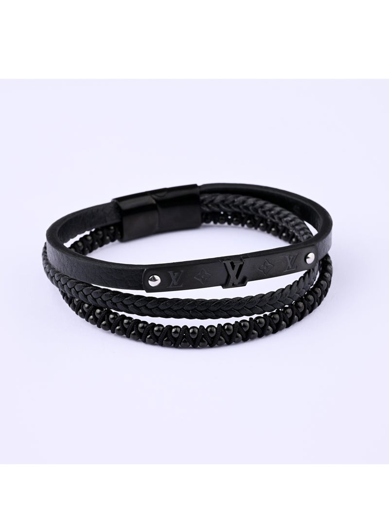 Akhet Men's bracelet made of natural leather and original tungsten in elegant black - Image 2
