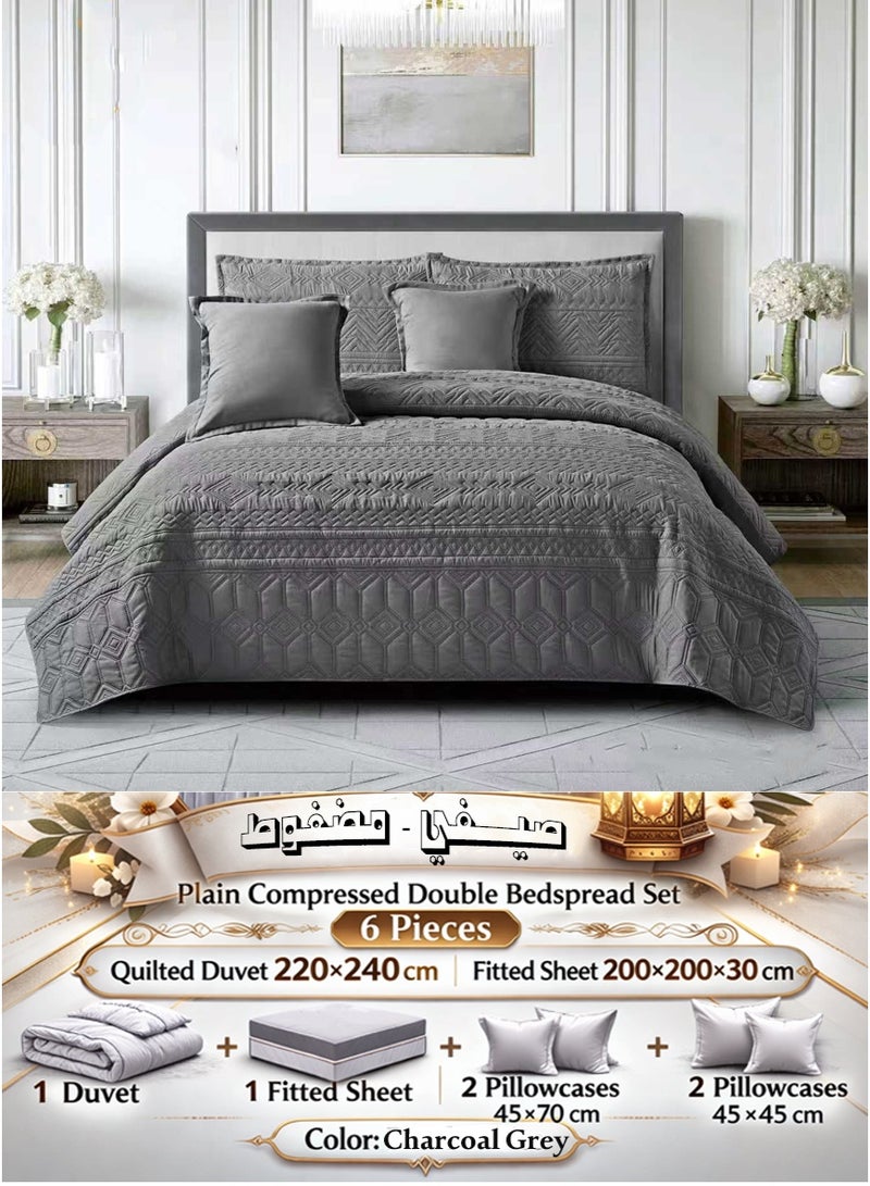 Miral Plain Compressed Double Bedspread Set – 6 Pieces – Quilted Duvet 220×240 cm with Fitted Sheet 200×200×30 cm - Image 1