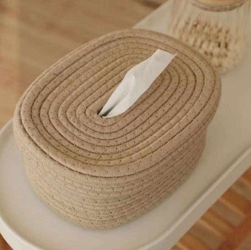 Khaki Cotton Rope Woven Tissue Box Cover, Nordic Minimalist Decorative Holder - Image 1