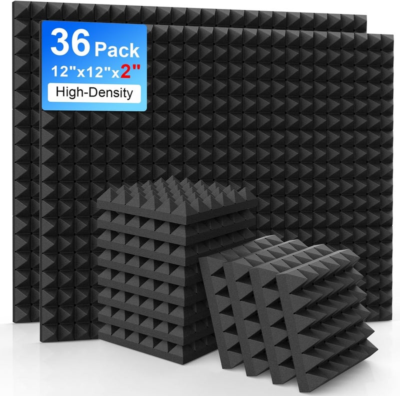 AUSLET 36 Pack Pyramid Acoustic Panels, 12x12x2 Inches, Black, High-Density Polyurethane Foam, Soundproof Wall Panels - Image 1