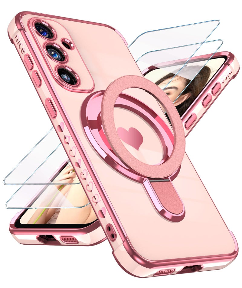Liufcx for Samsung Galaxy S25 FE Love Heart Kickstand Case with 2X Screen Protector: Luxury Plated Gold Edge Slim Soft TPU Shockproof Protection Case Cover for Galaxy S25 FE (Pink) - Image 1
