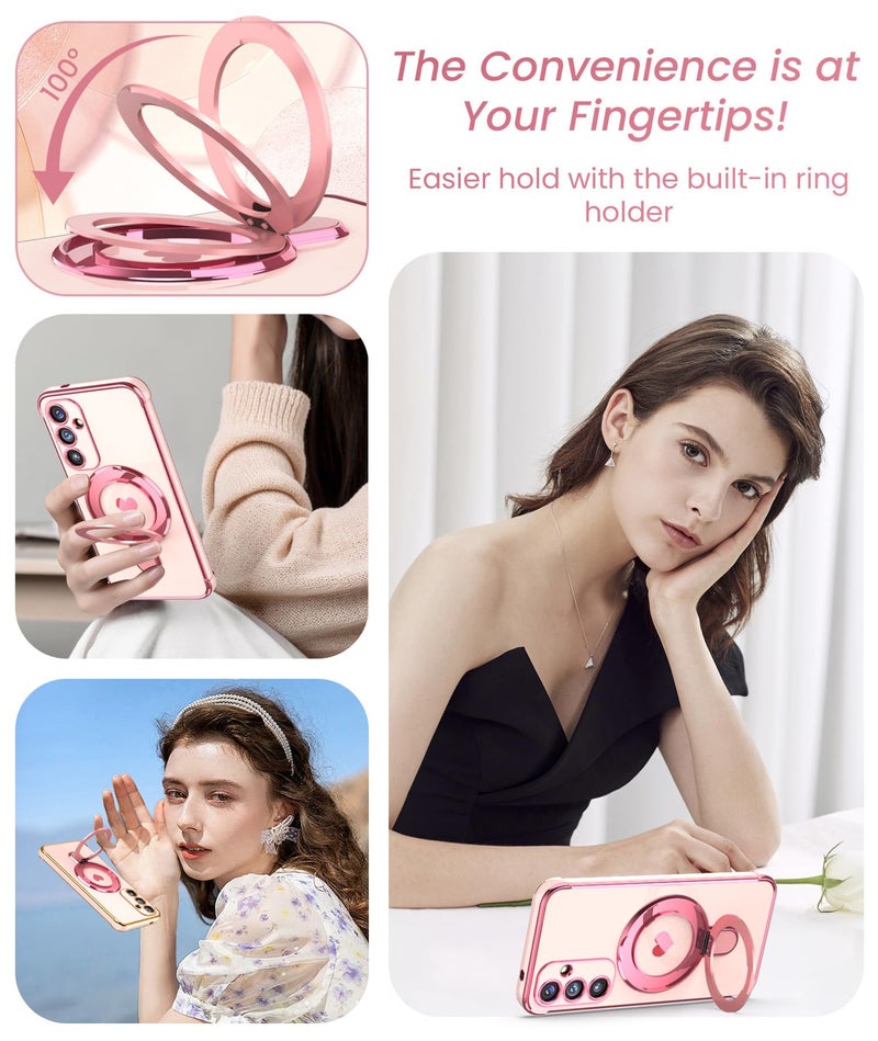 Liufcx for Samsung Galaxy S25 FE Love Heart Kickstand Case with 2X Screen Protector: Luxury Plated Gold Edge Slim Soft TPU Shockproof Protection Case Cover for Galaxy S25 FE (Pink) - Image 4