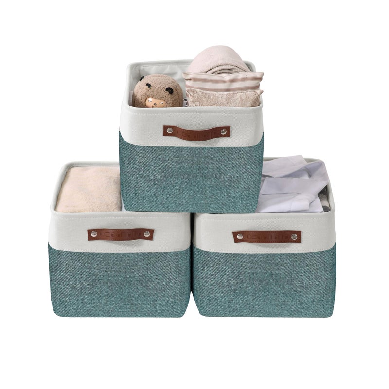 DECOMOMO Storage Bins Fabric Storage Baskets for Shelves Linen Closet Organization Toys Nursery Green and White Large  3 Pack