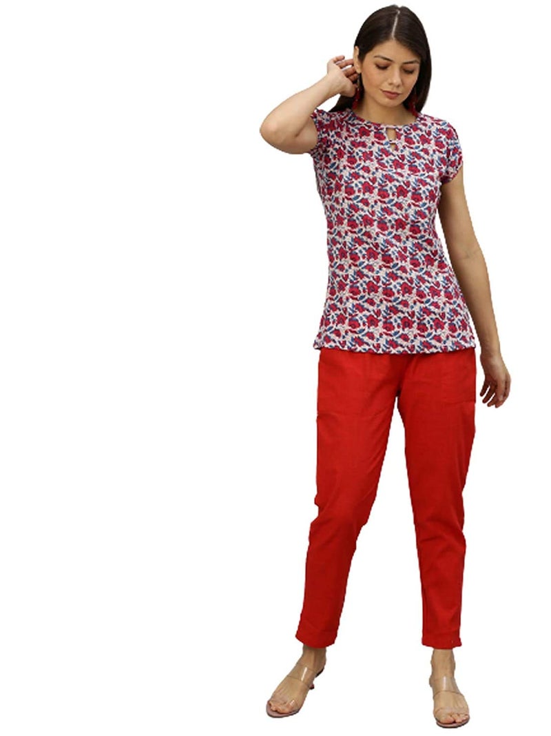 Yash Gallery Women's Solid Cotton Slub Ankle Length Trouser Pant (Red, L) | Fit Type: Regular Fit Mid Rise - Image 4