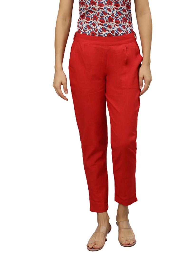 Yash Gallery Women's Solid Cotton Slub Ankle Length Trouser Pant (Red, L) | Fit Type: Regular Fit Mid Rise - Image 1