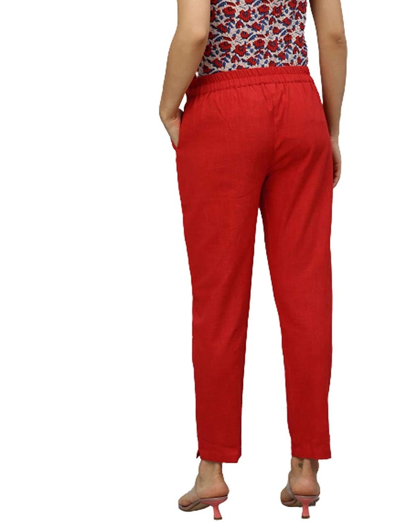 Yash Gallery Women's Solid Cotton Slub Ankle Length Trouser Pant (Red, L) | Fit Type: Regular Fit Mid Rise - Image 3