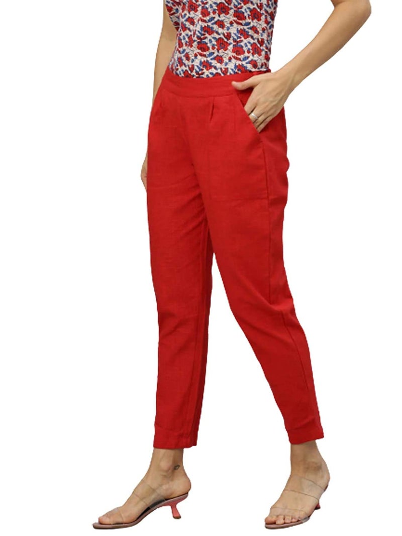 Yash Gallery Women's Solid Cotton Slub Ankle Length Trouser Pant (Red, L) | Fit Type: Regular Fit Mid Rise - Image 2