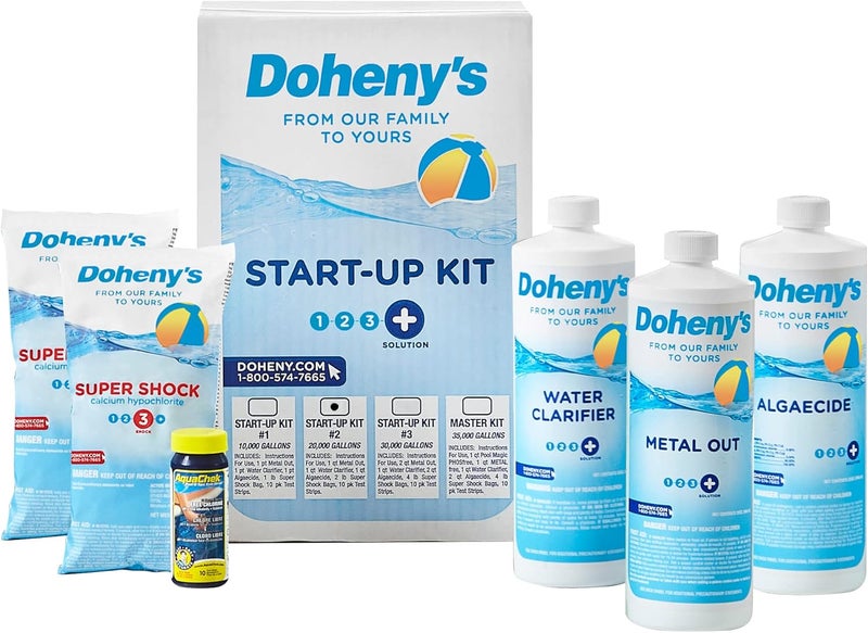 Dohenys Ultimate Pool Opening Start-Up Kit | Includes Metal Out, Algae Control, Clarifier & Super Shock | Prevents Stains, Rust & Scale | Free 10-Pack Test Strips | Pro-Grade Pool Chemicals - Image 1